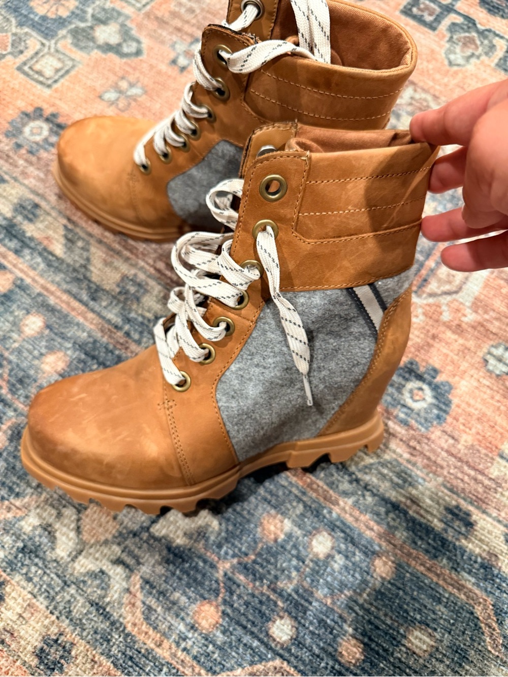 Sorel Tan and Gray Lace-Up Wedge Boots